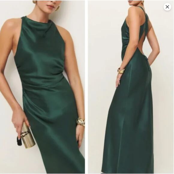NEW Reformation Anaiis Silk Maxi Dress Gown - Forest Green Cocktail Party - Picture 1 of 7